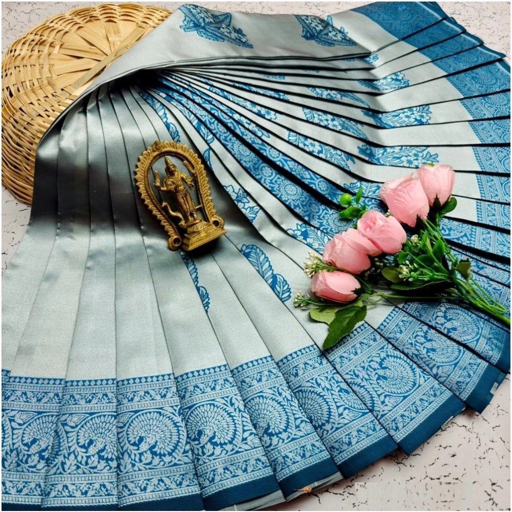 Women's Soft Silk Printed Saree With Unstitched Blouse 5.5Mtr (Silver Blue)