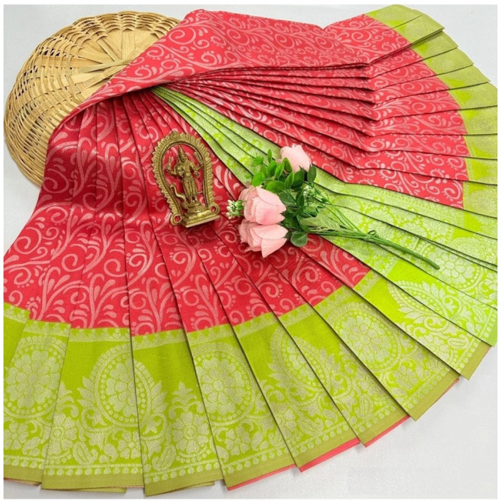 Women's Soft Silk Printed Saree With Unstitched Blouse 5.5Mtr (Red)