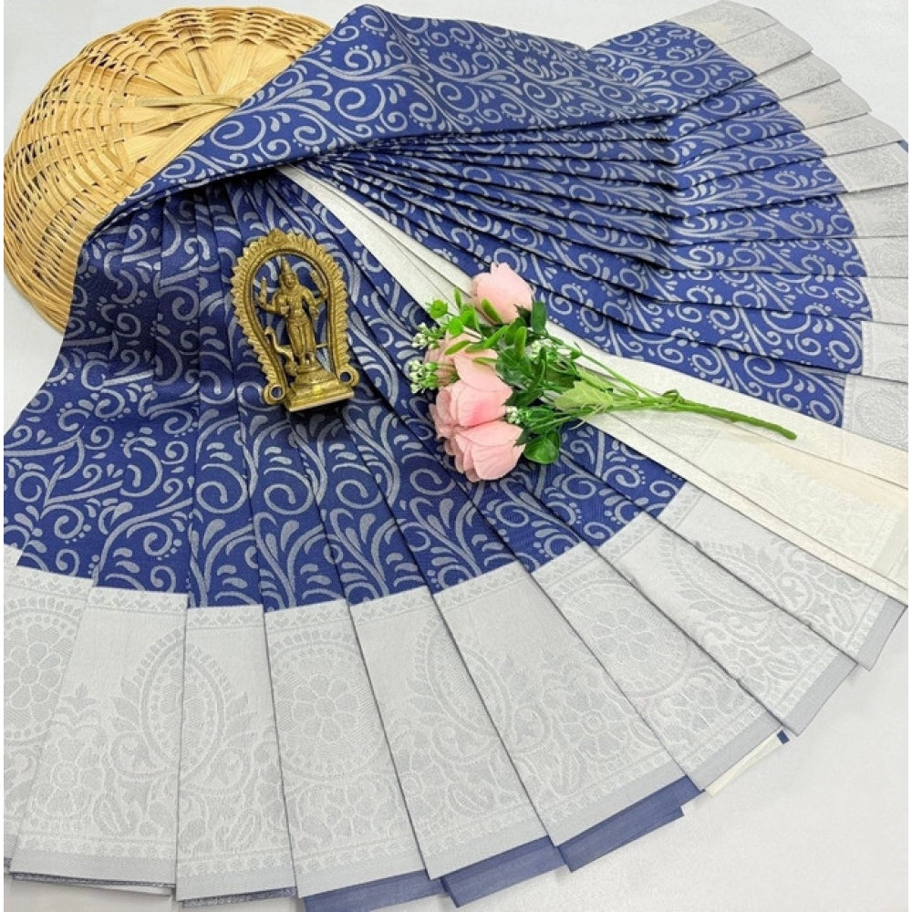 Women's Soft Silk Printed Saree With Unstitched Blouse 5.5Mtr (Blue)