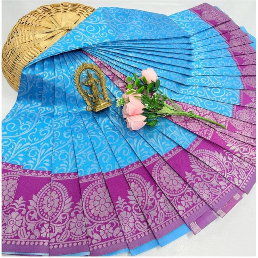 Women's Soft Silk Printed Saree With Unstitched Blouse 5.5Mtr (Sky Blue)