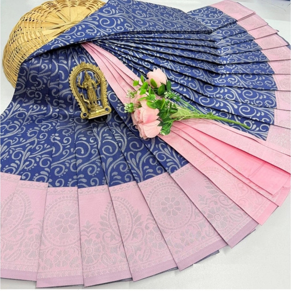 Women's Soft Silk Printed Saree With Unstitched Blouse 5.5Mtr (Violet Blue)