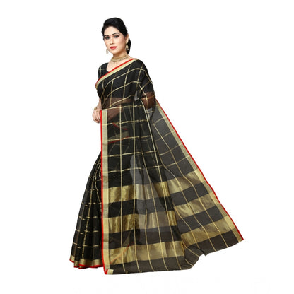 Women's Kota Doria Cotton Saree With Blouse (Black,6-3 Mtrs)