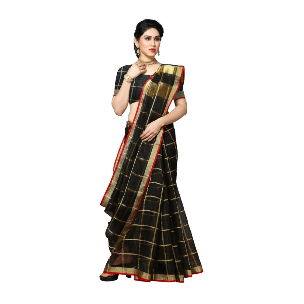 Women's Kota Doria Cotton Saree With Blouse (Black,6-3 Mtrs)