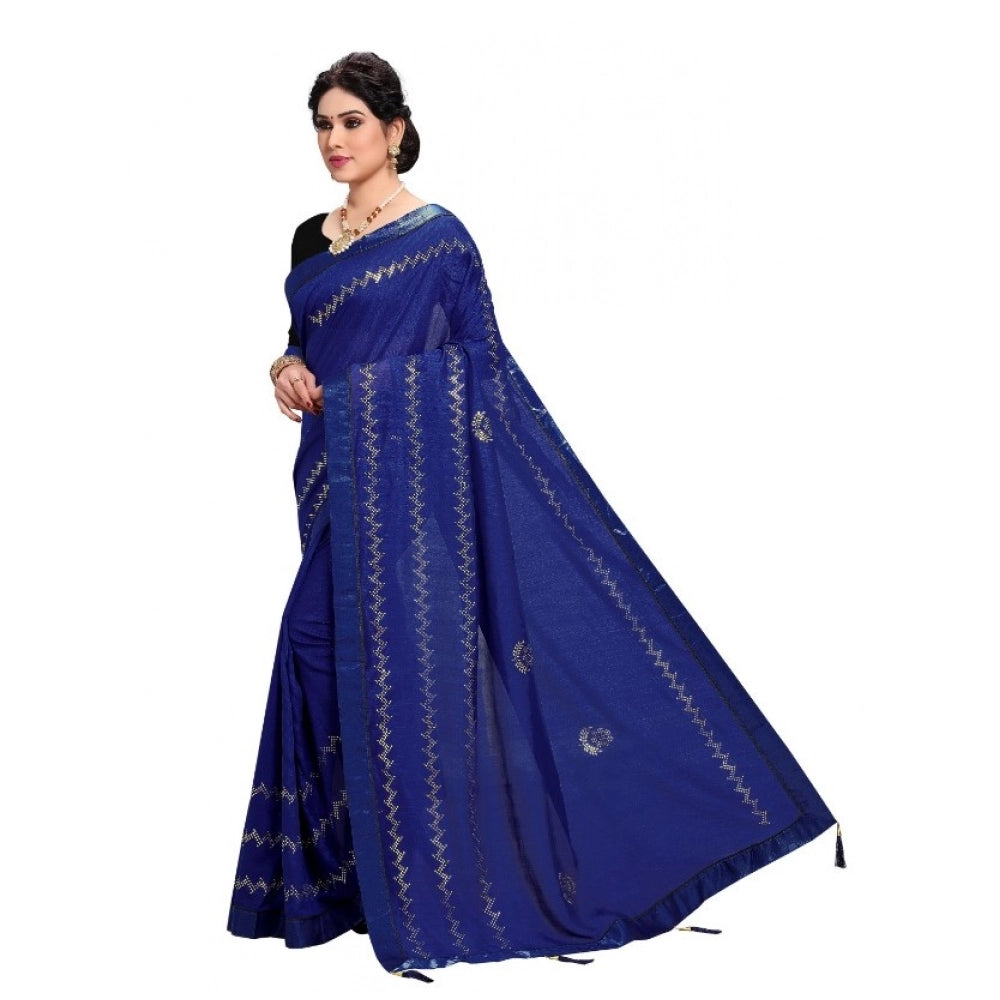 Women's Vichitra Silk HotFix Stone Work Saree With Blouse (Blue, 5-6 Mtrs)