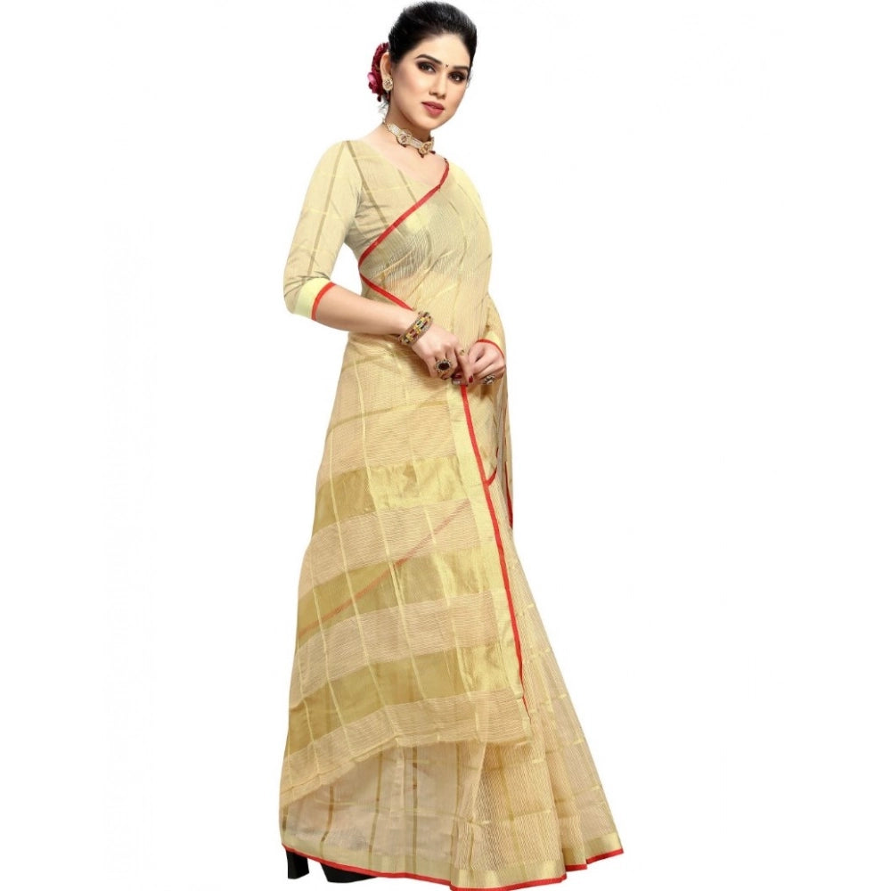 Women's Kota Doria Cotton Checked Saree With Blouse (Beige, 5-6 Mtrs)