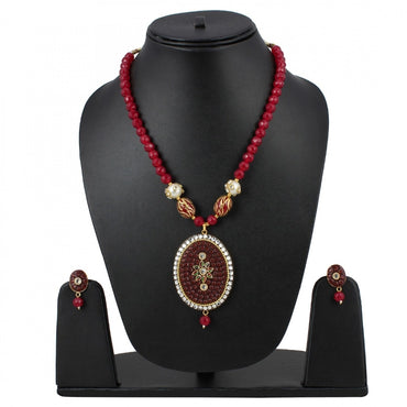 Women's Stylish Maroon Golde Plated Traditional Kundan Necklace Set with Earrings (Color: Red)
