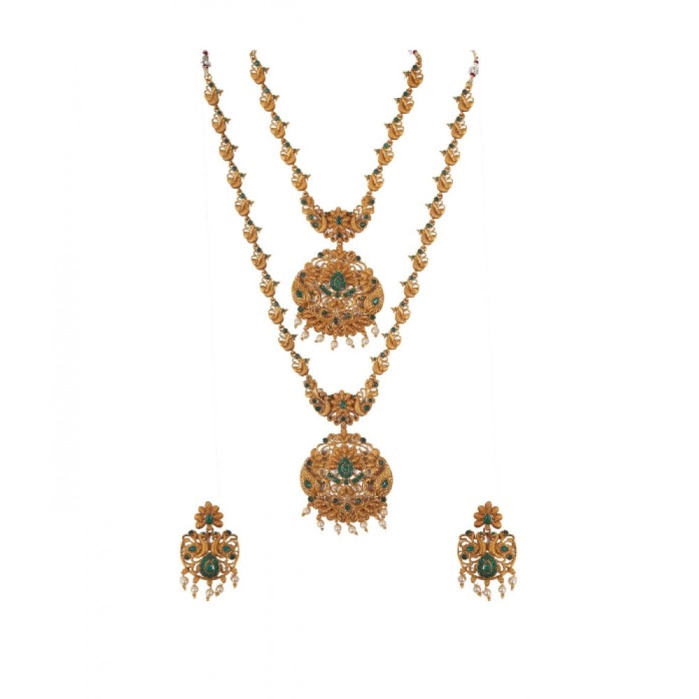 Women's Elegent And Modern Double Line Temple Jewellery Set (Green, Free Size)