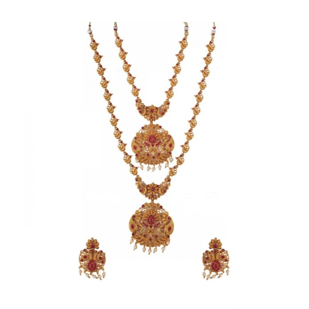 Women's Elegent And Modern Double Line Temple Jewellery Set (Red, Free Size)