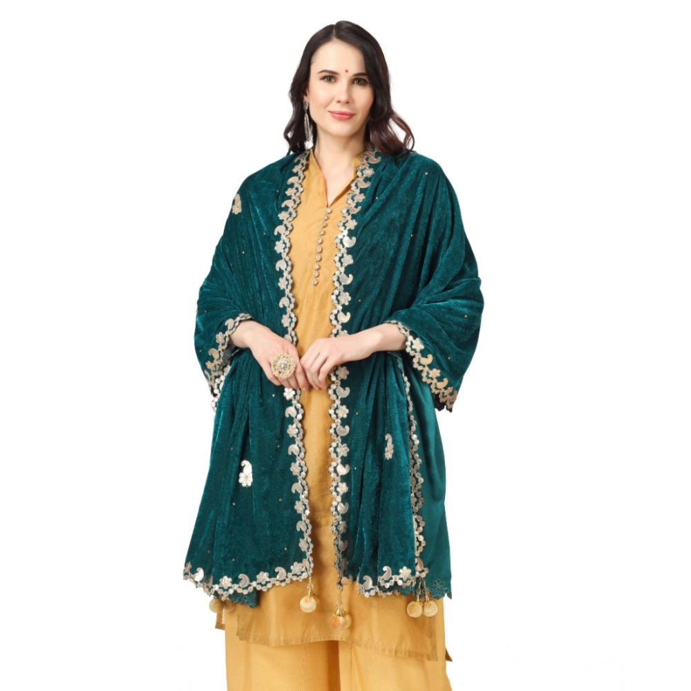 Women's Velvet Gotta Patti Shawl (Dark Green, Length: 2.25 to 2.50 Mtr)