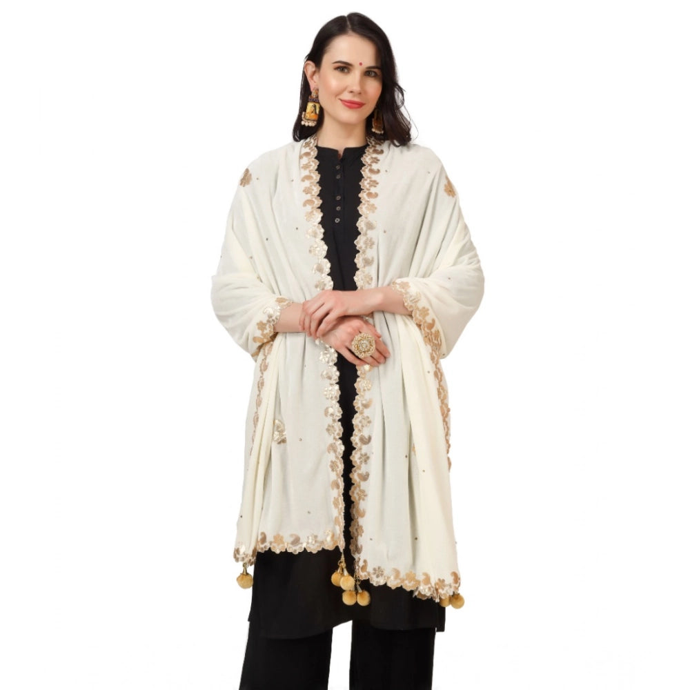Women's Velvet Gotta Patti Shawl (Off White, Length: 2.25 to 2.50 Mtr)