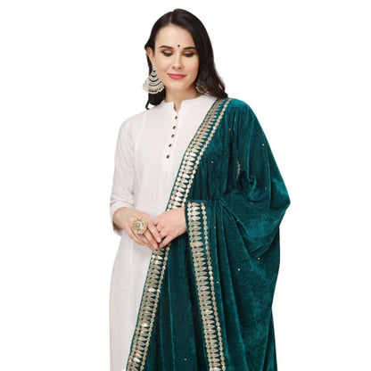 Women's Velvet Gotta Patti Shawl (Dark Green, Length: 2.25 to 2.50 Mtr)