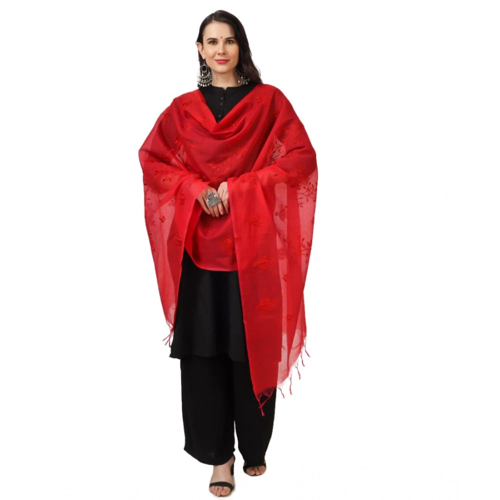 Women's Cotton Embroidered Shawl (Red, Length: 2.25 to 2.50 Mtr)