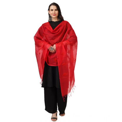 Women's Cotton Embroidered Shawl (Red, Length: 2.25 to 2.50 Mtr)