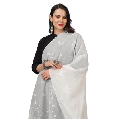 Women's Cotton Embroidered Shawl (White, Length: 2.25 to 2.50 Mtr)