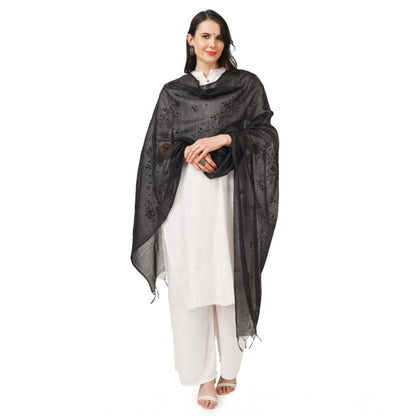 Women's Cotton Embroidered Shawl (Black, Length: 2.25 to 2.50 Mtr)