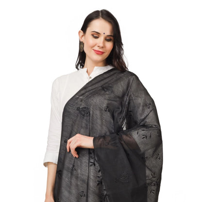 Women's Cotton Embroidered Shawl (Black, Length: 2.25 to 2.50 Mtr)