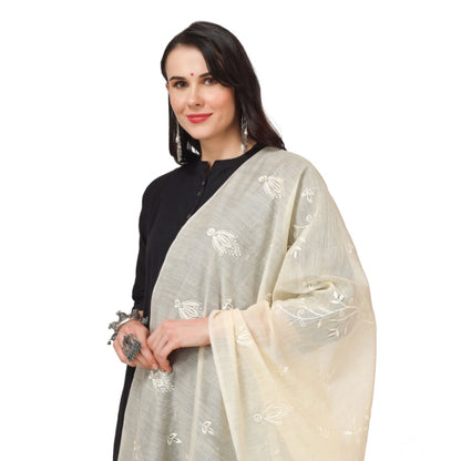 Women's Cotton Embroidered Shawl (Off-White, Length: 2.25 to 2.50 Mtr)