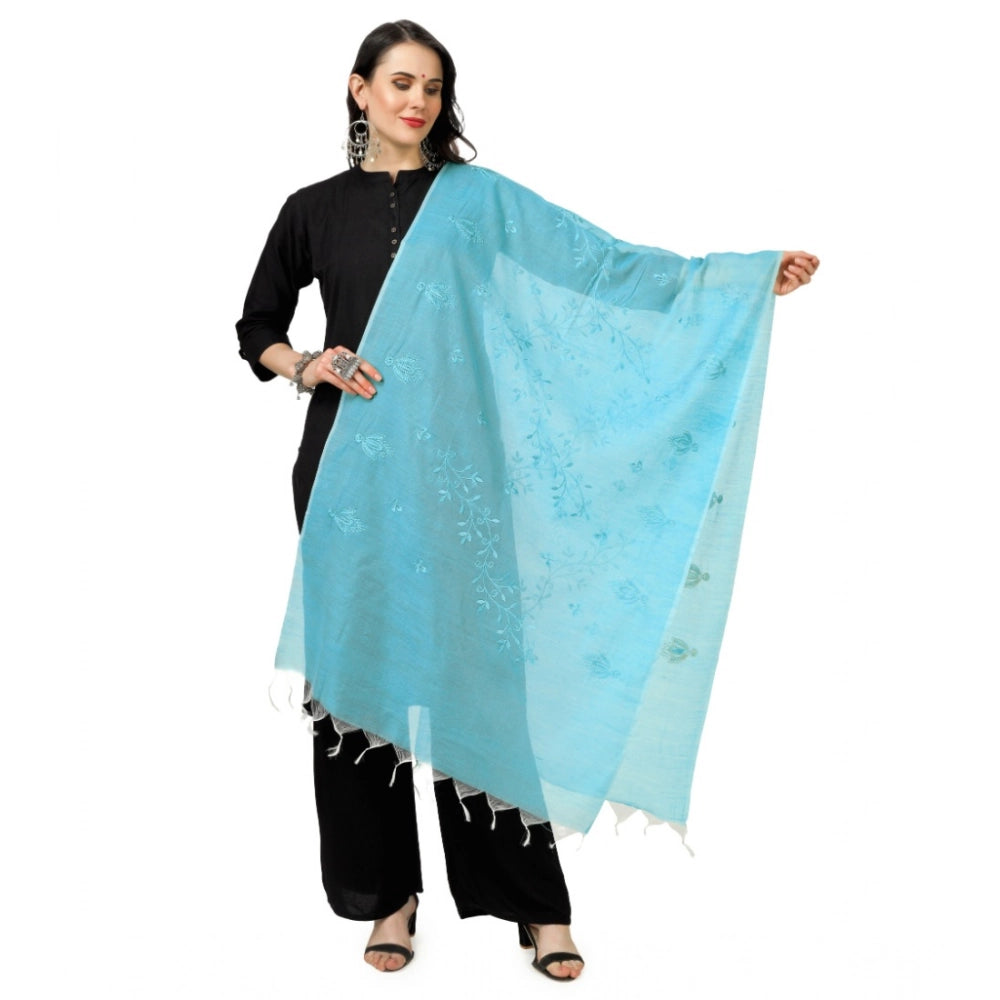 Women's Cotton Embroidered Shawl (Aqua Blue, Length: 2.25 to 2.50 Mtr)