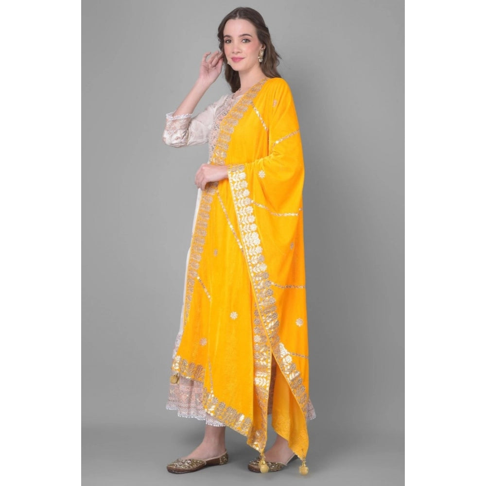 Women's Velvet Gotta Patti Shawl (Yellow, Length: 2.25 to 2.50 Mtr)