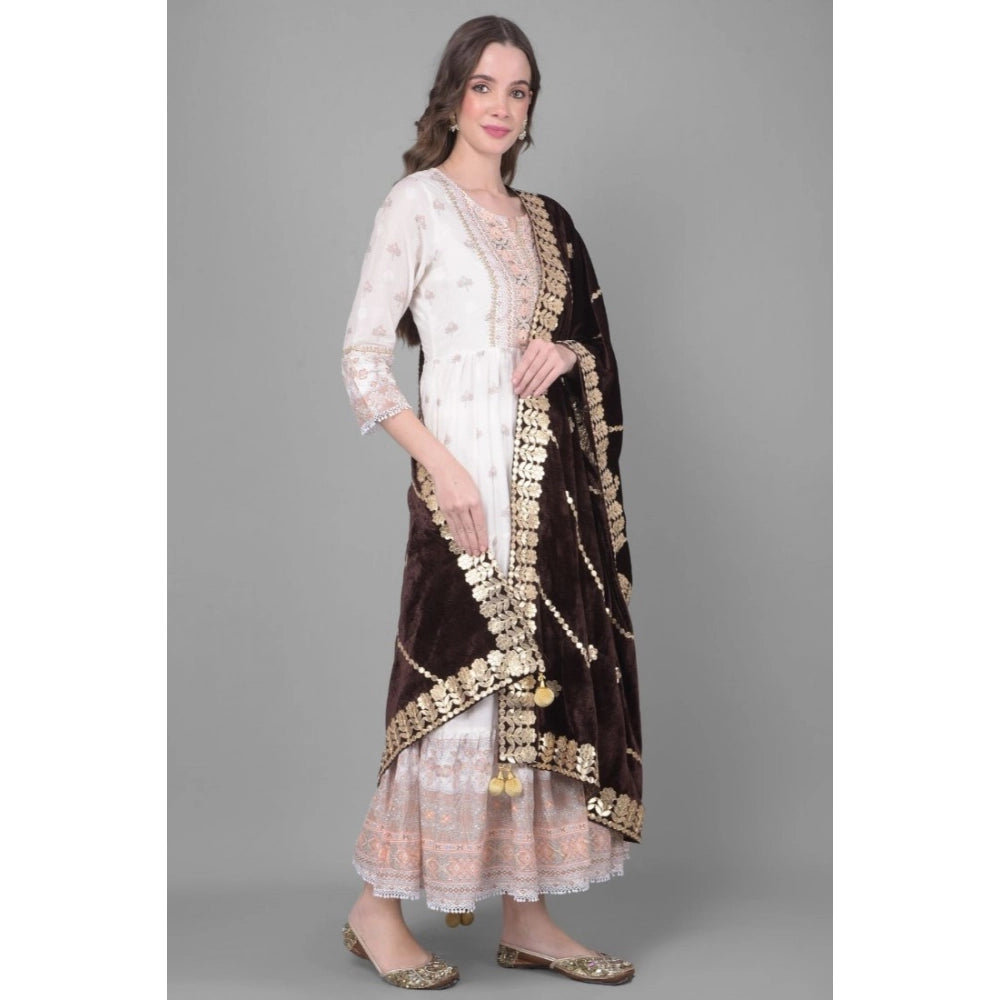 Women's Velvet Gotta Patti Shawl (Brown, Length: 2.25 to 2.50 Mtr)