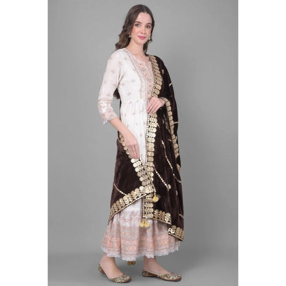 Women's Velvet Gotta Patti Shawl (Brown, Length: 2.25 to 2.50 Mtr)