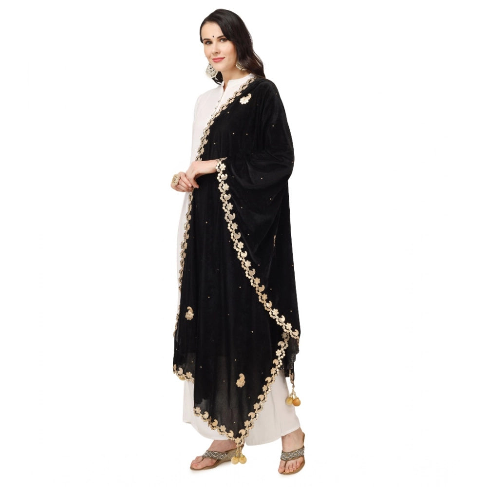 Women's Velvet Gotta Patti Shawl (Black, Length: 2.25 to 2.50 Mtr)