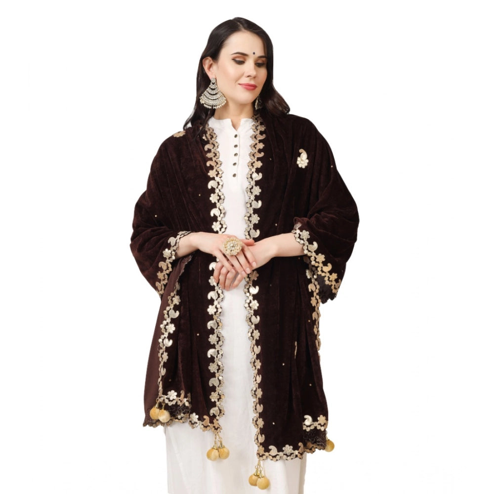 Women's Velvet Gotta Patti Shawl (Brown, Length: 2.25 to 2.50 Mtr)