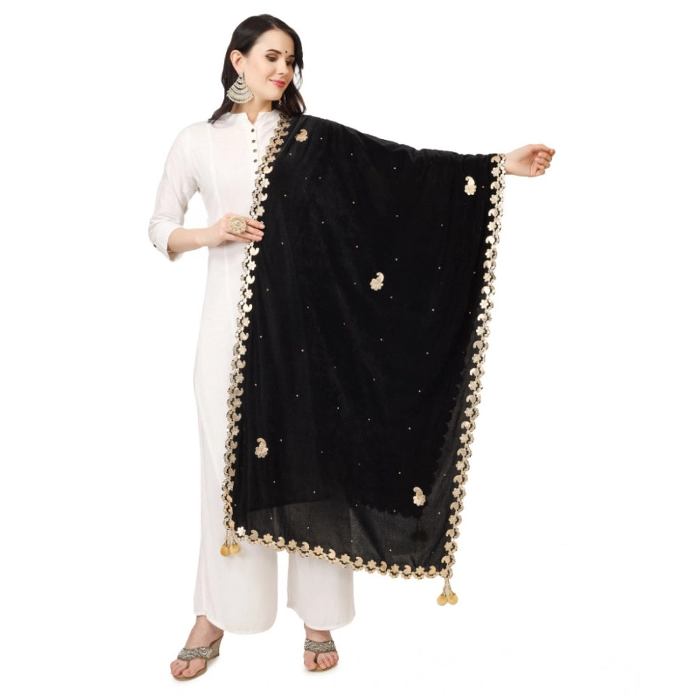 Women's Velvet Gotta Patti Shawl (Black, Length: 2.25 to 2.50 Mtr)