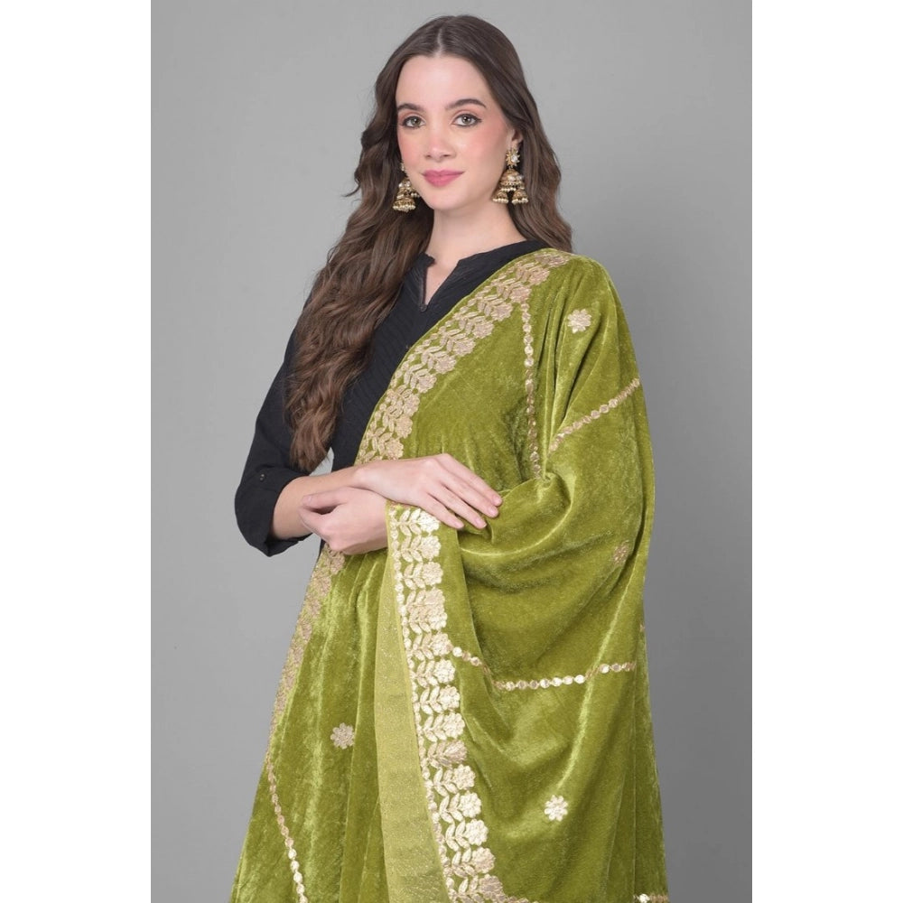 Women's Velvet Gotta Patti Shawl (Olive, Length: 2.25 to 2.50 Mtr)