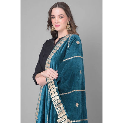 Women's Velvet Gotta Patti Shawl (Teal, Length: 2.25 to 2.50 Mtr)