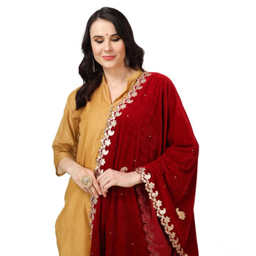 Women's Velvet Gotta Patti Shawl (Maroon, Length: 2.25 to 2.50 Mtr)