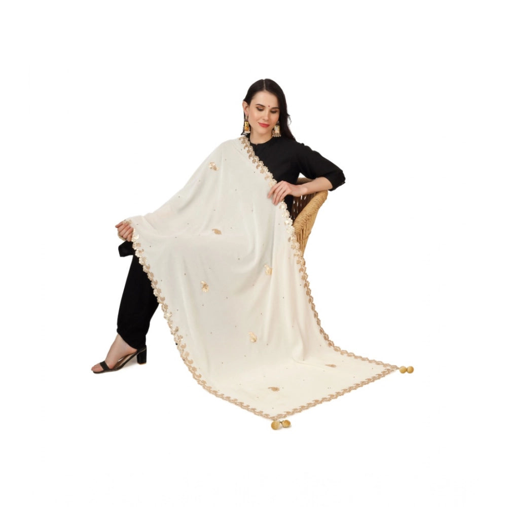 Women's Velvet Gotta Patti Shawl (Off White, Length: 2.25 to 2.50 Mtr)