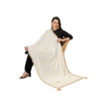 Women's Velvet Gotta Patti Shawl (Off White, Length: 2.25 to 2.50 Mtr)