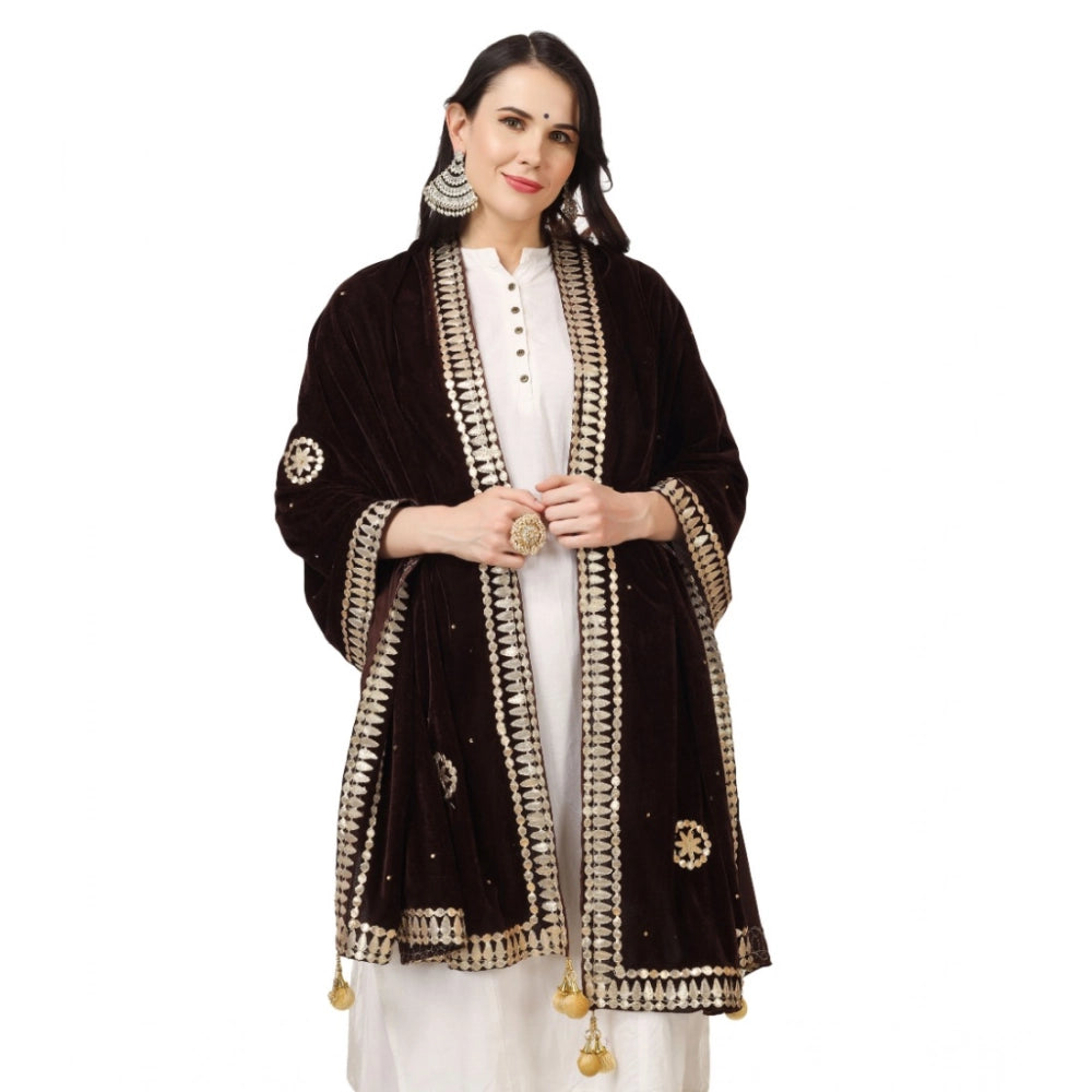 Women's Velvet Gotta Patti Shawl (Brown, Length: 2.25 to 2.50 Mtr)