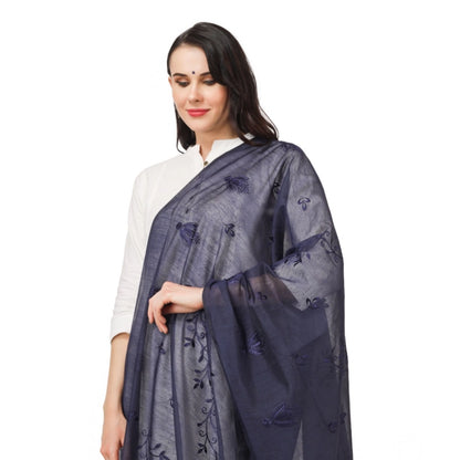 Women's Cotton Embroidered Shawl (Dark Blue, Length: 2.25 to 2.50 Mtr)