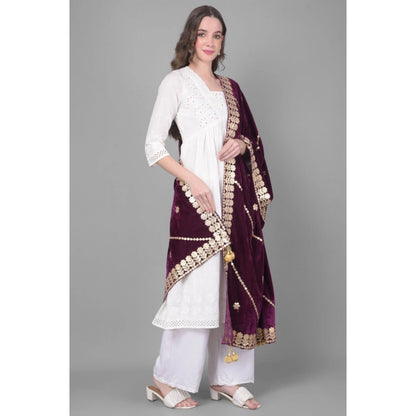 Women's Velvet Gotta Patti Shawl (Wine, Length: 2.25 to 2.50 Mtr)