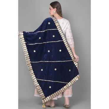 Women's Velvet Gotta Patti Shawl (Navy, Length: 2.25 to 2.50 Mtr)