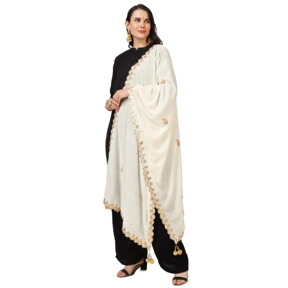 Women's Velvet Gotta Patti Shawl (Off White, Length: 2.25 to 2.50 Mtr)