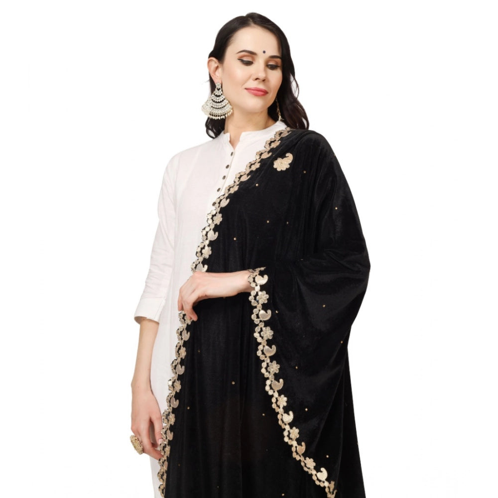 Women's Velvet Gotta Patti Shawl (Black, Length: 2.25 to 2.50 Mtr)