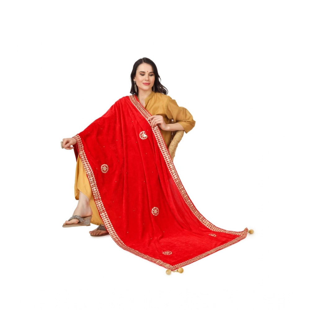 Women's Velvet Gotta Patti Shawl (Red, Length: 2.25 to 2.50 Mtr)