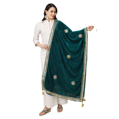 Women's Velvet Gotta Patti Shawl (Dark Green, Length: 2.25 to 2.50 Mtr)
