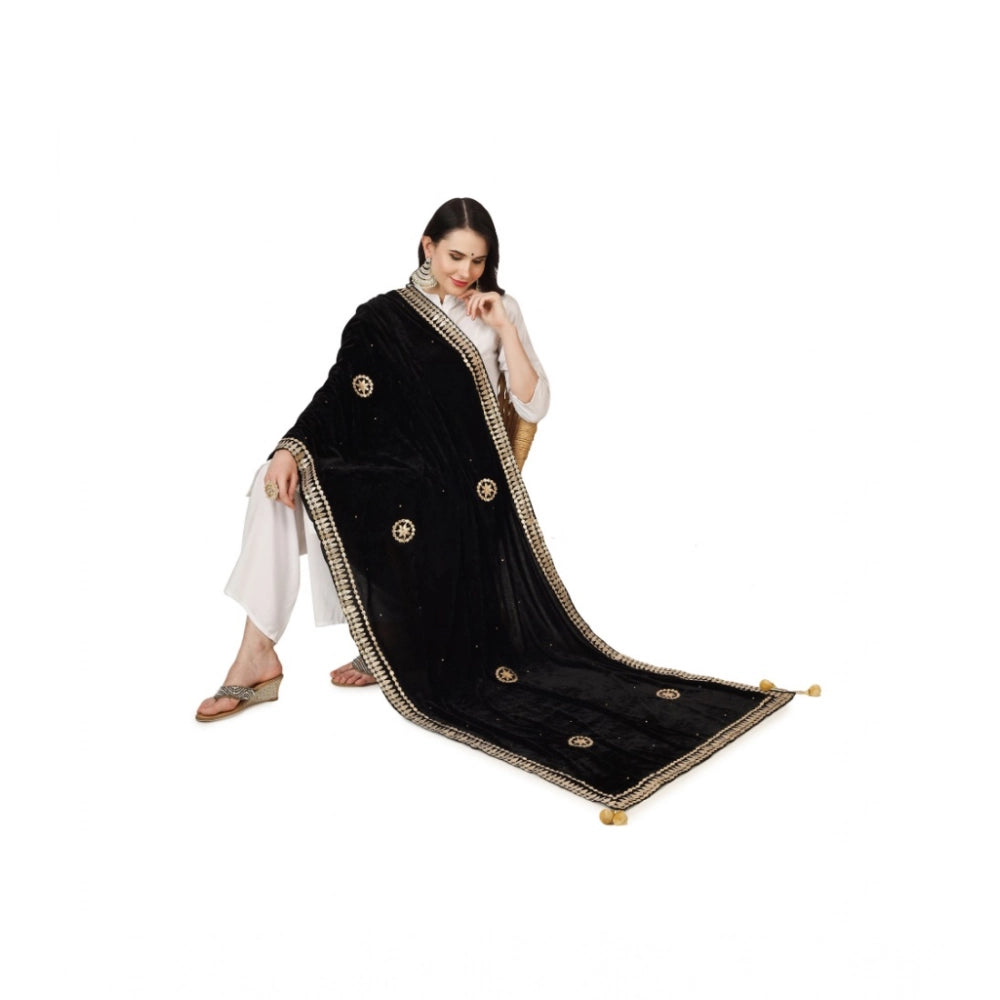 Women's Velvet Gotta Patti Shawl (Black, Length: 2.25 to 2.50 Mtr)