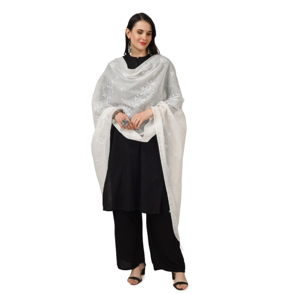 Women's Cotton Embroidered Shawl (White, Length: 2.25 to 2.50 Mtr)