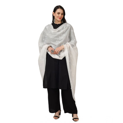 Women's Cotton Embroidered Shawl (White, Length: 2.25 to 2.50 Mtr)