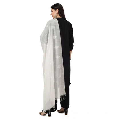 Women's Cotton Embroidered Shawl (White, Length: 2.25 to 2.50 Mtr)