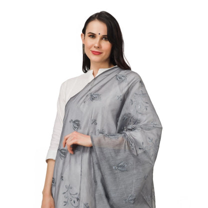 Women's Cotton Embroidered Shawl (Grey, Length: 2.25 to 2.50 Mtr)