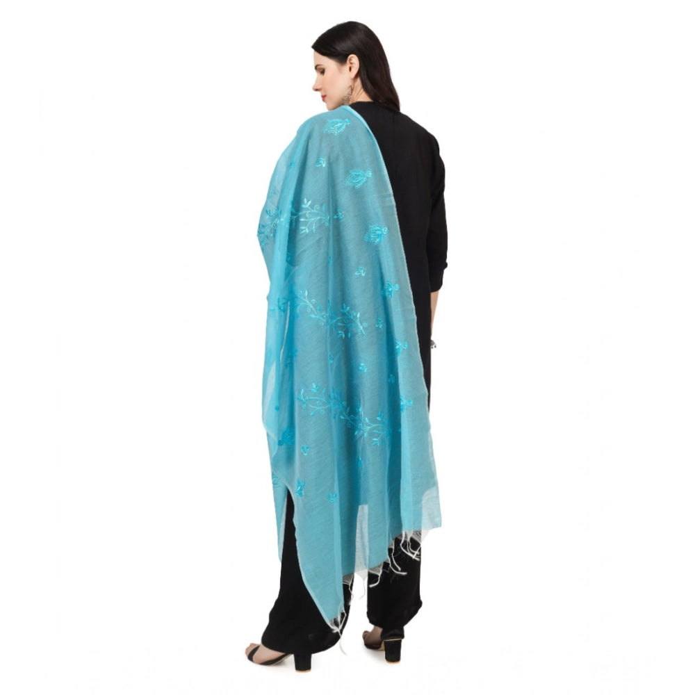 Women's Cotton Embroidered Shawl (Aqua Blue, Length: 2.25 to 2.50 Mtr)