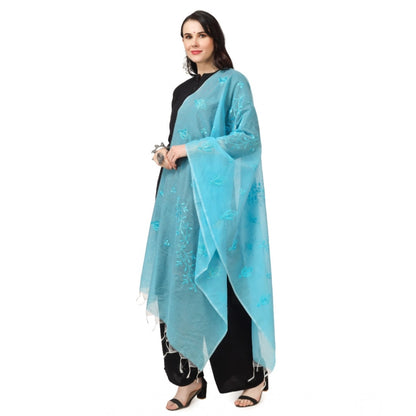 Women's Cotton Embroidered Shawl (Aqua Blue, Length: 2.25 to 2.50 Mtr)