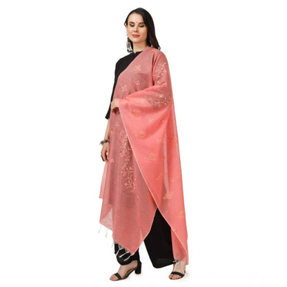 Women's Cotton Embroidered Shawl (Peach, Length: 2.25 to 2.50 Mtr)