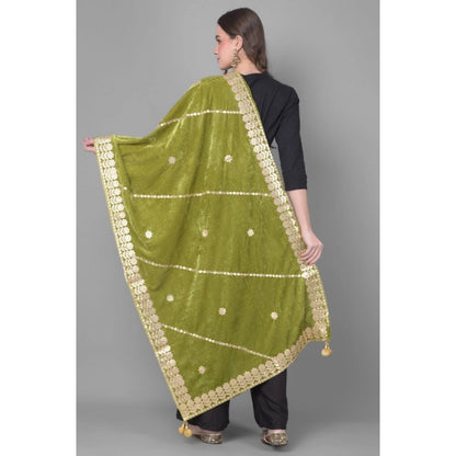 Women's Velvet Gotta Patti Shawl (Olive, Length: 2.25 to 2.50 Mtr)